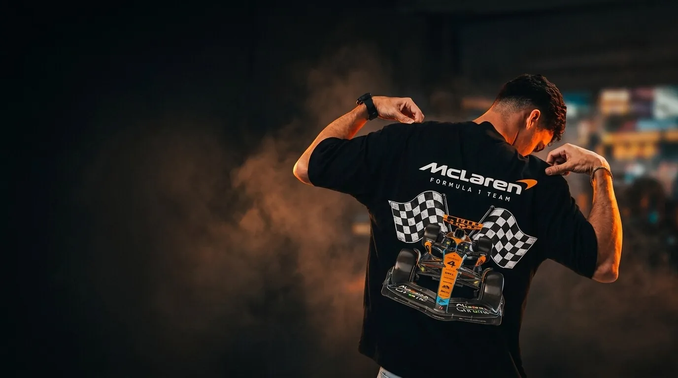 AHS Premium Wear — McLaren Formula 1 oversized graphic tee, back view, shot in a paddock with papaya-orange smoke.